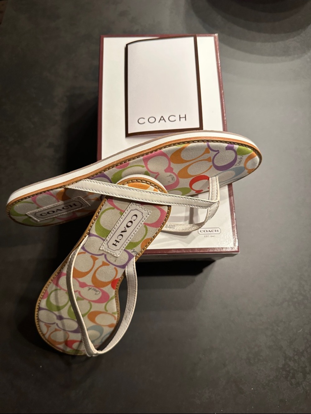 Coach Dorra Multicolor Signature 'C' Flip Flop Sandals with White Straps